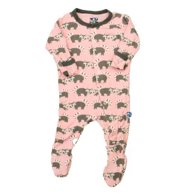Pre-owned Kickee Pants Kids' Girls Pink Gray Elephants 1-piece Footed Pajamas In Green