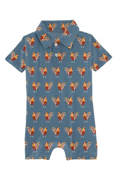 Kickee Pants Rooster Print Polo Romper In Parisian Rooster