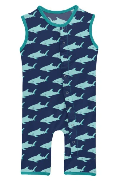 Kickee Pants Babies' Shark Print Tank Romper In Flag Blue Sharky