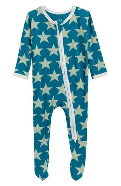Kickee Pants Babies'  Stars Print Two-way Zip Footie In Blue
