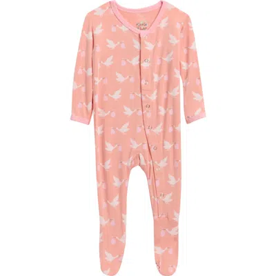 Kickee Pants Babies'  Stork Print Snap Fitted Fleece Footie In Pink