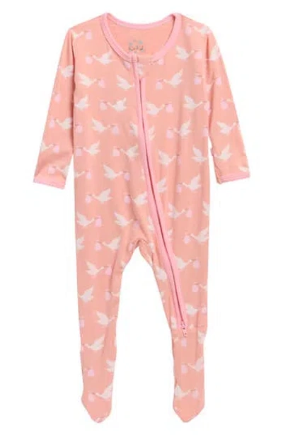 Kickee Pants Babies'  Stork Print Zip Fitted Fleece Footie In Pink