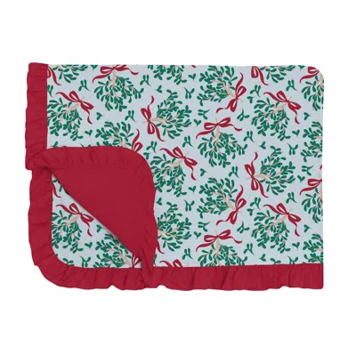 Kickee Print Ruffle Toddler Blanket In Illusion Blue Mistletoe & Ribbons In Multi