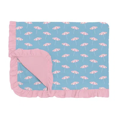 Kickee Ruffle Toddler Blanket In Seaside Blue Beach Umbrellas