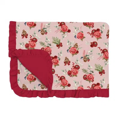 Kickee Toddler Kid's Ruffle Blanket In Baby Rose Holiday Floral In Red