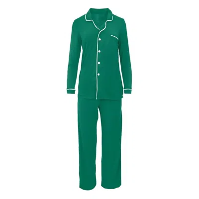 Kickee Women's Long Sleeve Collared Pajama Set In Leaf With Natural In Green