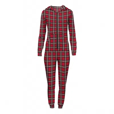 Kickee Women's Long Sleeve Jumpsuit With Hood In Classic Holiday Plaid In Brown