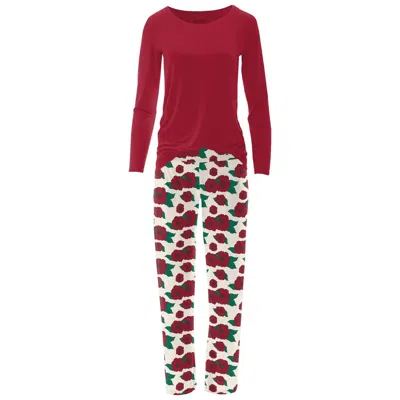 Kickee Women's Long Sleeve Tee & Pajama Pants Set In Holiday Poppies In Multi