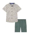 Kids Headquarters Baby Boys 2-piece Short Sleeve Dinosaur Print Poplin Shirt And Twill Cargo Shorts Set In Gator Sage