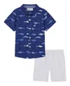 Kids Headquarters Baby Boys 2-piece Short Sleeve Fish Print Poplin Shirt And Twill Shorts Set In Navy Blazer,bright White