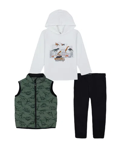 Kids Headquarters Baby Boys Dino-themed Puffer Vest Twill Joggers, 3-piece Set In Assorted