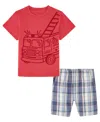 KIDS HEADQUARTERS BABY BOYS FIRETRUCK SHORT SLEEVE T-SHIRT AND PRE-WASHED PLAID SHORTS, 2 PIECE SET