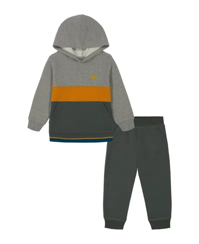 Kids Headquarters Baby Boys Fleece Pieced Stripe Heather Hoodie Joggers, 2piece Set In Granite Heather,narcissus,castor Gray