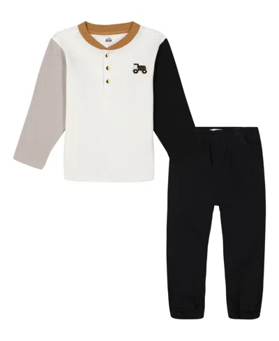 Kids Headquarters Babies' Toddler And Little Boys Long Sleeve Colorblock Thermal Henley And Joggers, 2 Piece Set In Marshmallow,deep Black