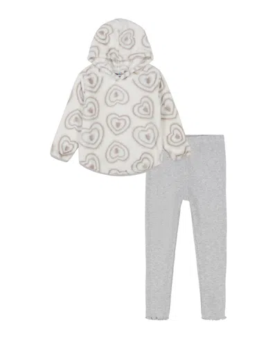 Kids Headquarters Baby Girl Heart-print Oversized Sherpa Hoodie Ribbed Leggings, 2-piece Set In Egret,medium Gray Heather