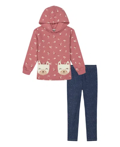 Kids Headquarters Baby Girl Printed Fleece Kitty Pocket Hooded Tunic Jeggings In Dusty Rose,blue