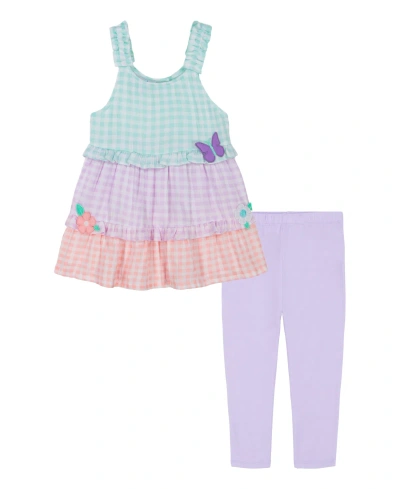 Kids Headquarters Baby Girls 2 Piece Tiered Gingham Tunic Top And Capri Leggings Set In Pink