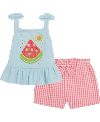 Kids Headquarters Baby Girls Flounce-hem Tank Top And Checkered French Terry Shorts In Blue,watermelon