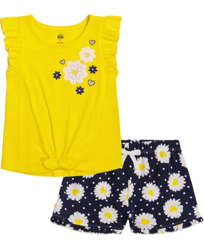 Kids Headquarters Baby Girls Flutter Sleeve Daisy T-shirt And Printed French Terry Shorts In Yellow,print