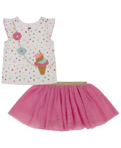 Kids Headquarters Baby Girls Ice Cream Crossbody Flutter Sleeves T-shirt And Tutu Skorts In Print,pink