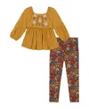 Kids Headquarters Baby Girl,swiss Dot Floral Embroidered Peasant Tunic Floral Leggings In Mustard Yellow,print