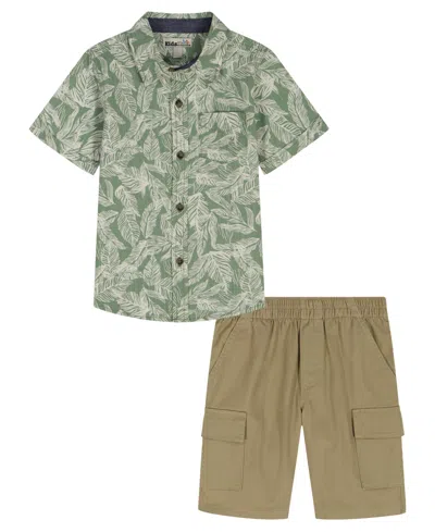 Kids Headquarters Babies' Boys' 2t-5 Short-sleeve Palm Print Textured Shirt & Cargo Shorts, 2-piece Set In Multi