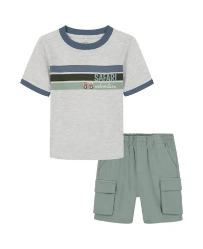 Kids Headquarters Babies' Boys' 2t-5t Short-sleeve Safari Stripes T-shirt And Poplin Cargo Shorts, 2-piece Set In Gray