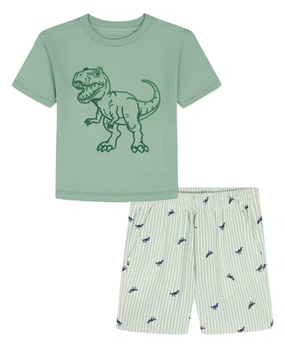 Kids Headquarters Babies' Boys' Toddler 2t-5t Short-sleeve Travels T-shirt And Poplin Shorts, 2-piece Set In Green