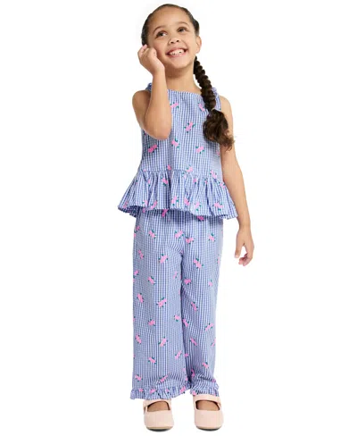 Kids Headquarters Kids' Girls' 2t-6x Floral Plaid Ruffle-trim Top And Pants, 2-piece Set In Blue