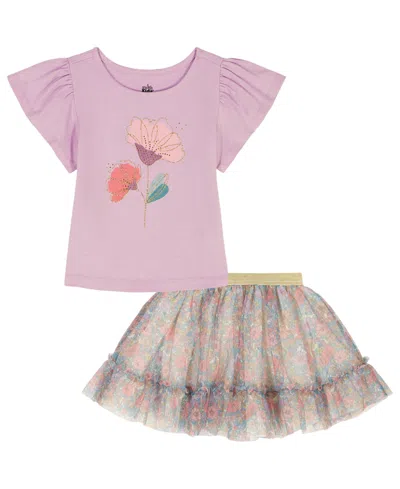 Kids Headquarters Kids' Girls' 2t-6x Flutter Sleeve Top And Printed Tulle Skort, 2-piece Set In Multi