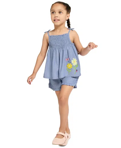 Kids Headquarters Kids' Girls' 2t-6x Woven Oxford Tunic And Ruffle Trim Shorts, 2-piece Set In Blue