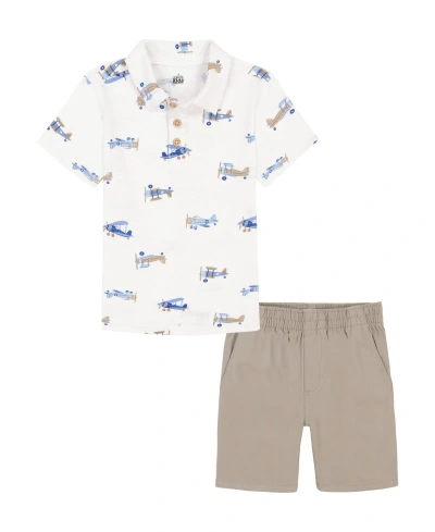 Kids Headquarters Kids' Little Boys Short Sleeve Printed Slub Polo Shirt And Twill Shorts, 2 Piece Set In Khaki