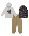 Kids Headquarters Toddler And Little Boys, Transport-themed 3-piece Puffer Vest Twill Joggers Set In Ink Chill,farina Heather,carmelize