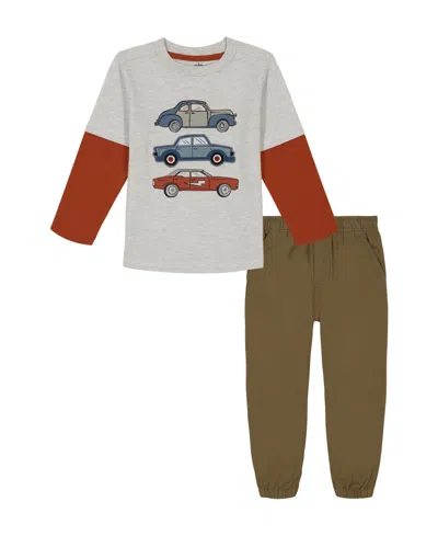 Kids Headquarters Baby Boys Twofer Sleeve Classic Car Tee Twill Joggers, 2piece Set In Farina Heather,clay Pot,ermine