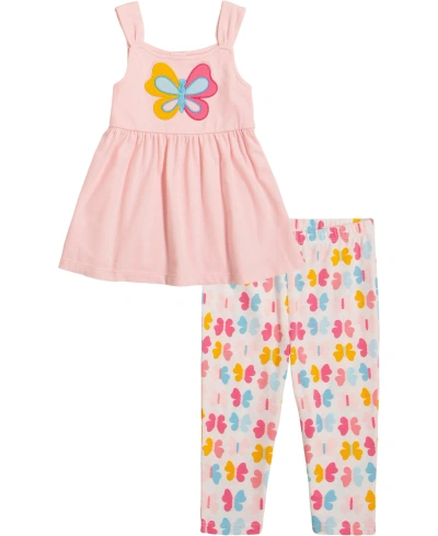 Kids Headquarters Kids' Little Girls Butterfly Babydoll Tunic Top And Print Capri Leggings, 2 Piece Set In Pink
