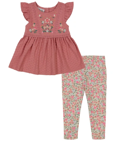 Kids Headquarters Kids' Little Girls Clip-dot Eyelet Trim Tunic Top And Floral Capri Leggings, 2 Piece Set In Coral