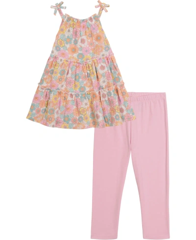 Kids Headquarters Kids' Little Girls Floral Halter Tunic Top And Capri Leggings, 2 Piece Set In Pink
