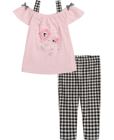 Kids Headquarters Kids' Little Girls Off-shoulder A-line Tunic Top And Check Capri Leggings, 2 Piece Set In Pink
