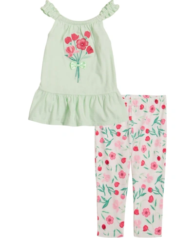 Kids Headquarters Kids' Little Girls Ruche Strap Tunic Top And Printed Capri Leggings, 2 Piece Set In Aqua