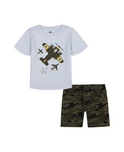 KIDS HEADQUARTERS TODDLER AND LITTLE BOYS 2-PIECE SLUB JERSEY GRAPHIC T-SHIRT AND CAMO TWILL CARGO SHORTS SET