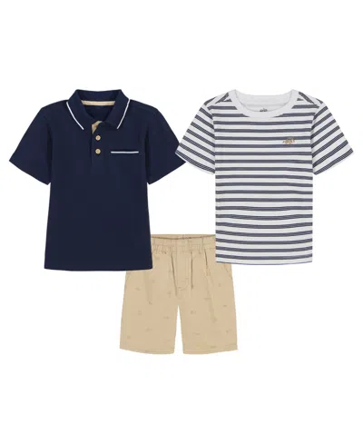 Kids Headquarters Kids' Toddler And Little Boys 3-piece Tipped Polo Shirt, Striped T-shirt And Printed Twill Shorts Set