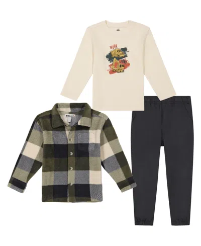 Kids Headquarters Babies' Toddler And Little Boys, Plaid Polar Fleece Shacket, Hooded Tee Twill Joggers In Vanilla Plaid,india Ink