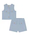 Kids Headquarters Toddler And Little Girls 2-piece Crochet Trim Lurex Weave Button Up Vest And Shorts Set In Blue
