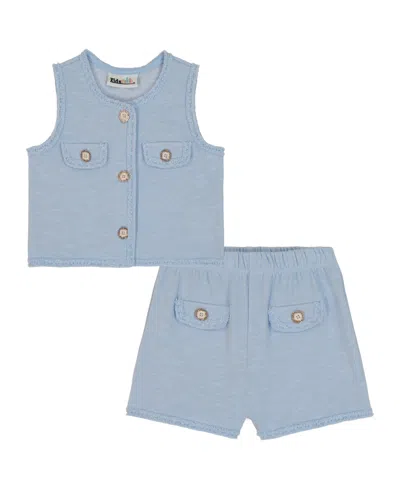 Kids Headquarters Kids' Toddler And Little Girls 2-piece Crochet Trim Lurex Weave Button Up Vest And Shorts Set In Blue