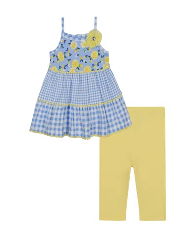 Kids Headquarters Kids' Toddler And Little Girls 2-piece Floral Gingham Pique Tunic Top And Capri Legging Set In Blue Plaid,yellow