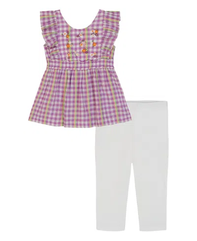 Kids Headquarters Kids' Toddler And Little Girls 2-piece Gingham Apron Tunic Top And Capri Legging Set In Purple Plaid,bright White