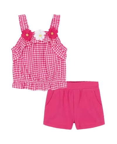 Kids Headquarters Kids' Toddler And Little Girls 2-piece Gingham Popcorn Knit Top And Solid Shorts Set
