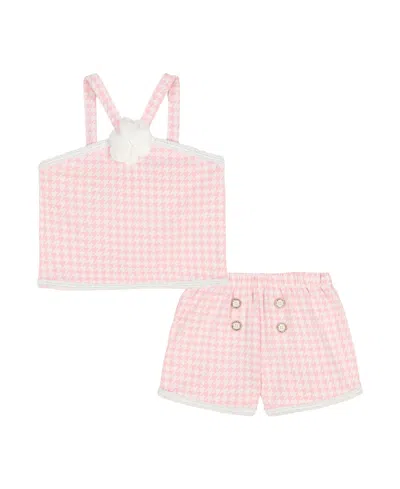 Kids Headquarters Kids' Toddler And Little Girls 2-piece Jacquard Checkered Knit Halter And Shorts Set In Pink