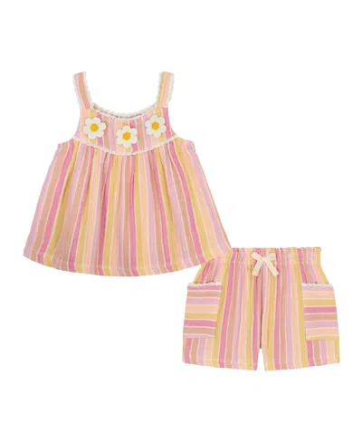 Kids Headquarters Kids' Toddler And Little Girls 2-piece Multi Stripe Top And Crinkle Knit Shorts Set