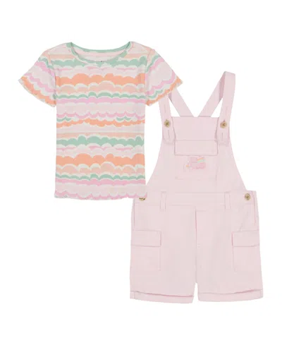 Kids Headquarters Kids' Toddler And Little Girls 2-piece Printed Rib T-shirt And Twill Shortall Set In Pink